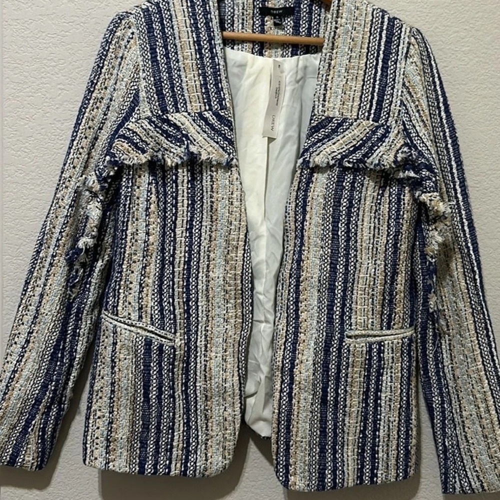 Anthropologie Henri DREW Tweed Blazer Fringes Blue White Silver Medium NWTS